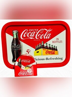 Coca Cola Retro Tin Box Company Serving Tray & Matching Coaster Set